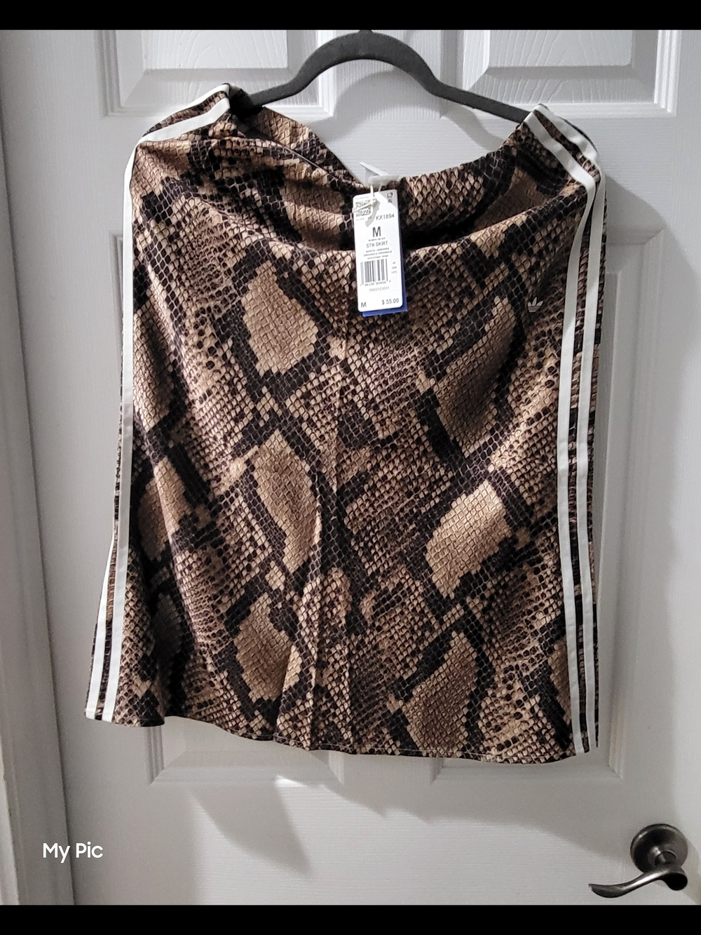 Adidas Women Satin Brown Snake-Print Maxi Skirt with White Side Stripes - Picture 4 of 4